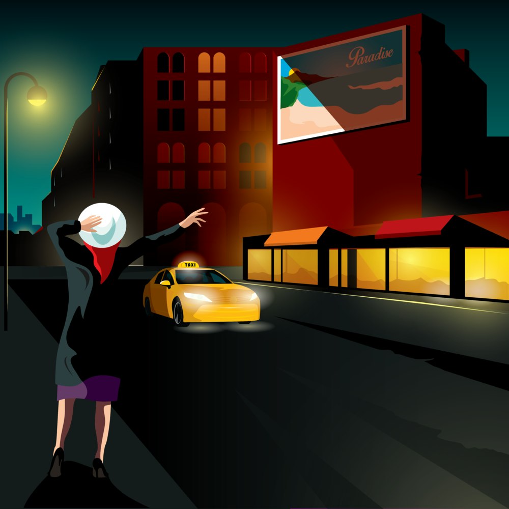 Woman hailing a city cab across the road from a billboard promoting the beach