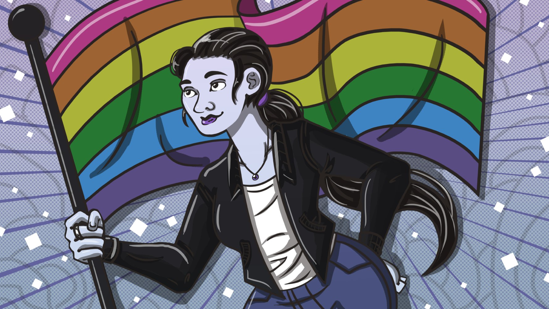 Woman holding a rainbow, gay pride flag