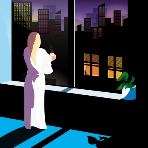Woman in a robe staring out an apartment window, looking at the city skyline