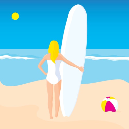 Woman on the beach with her surfboard, looking out at the ocean