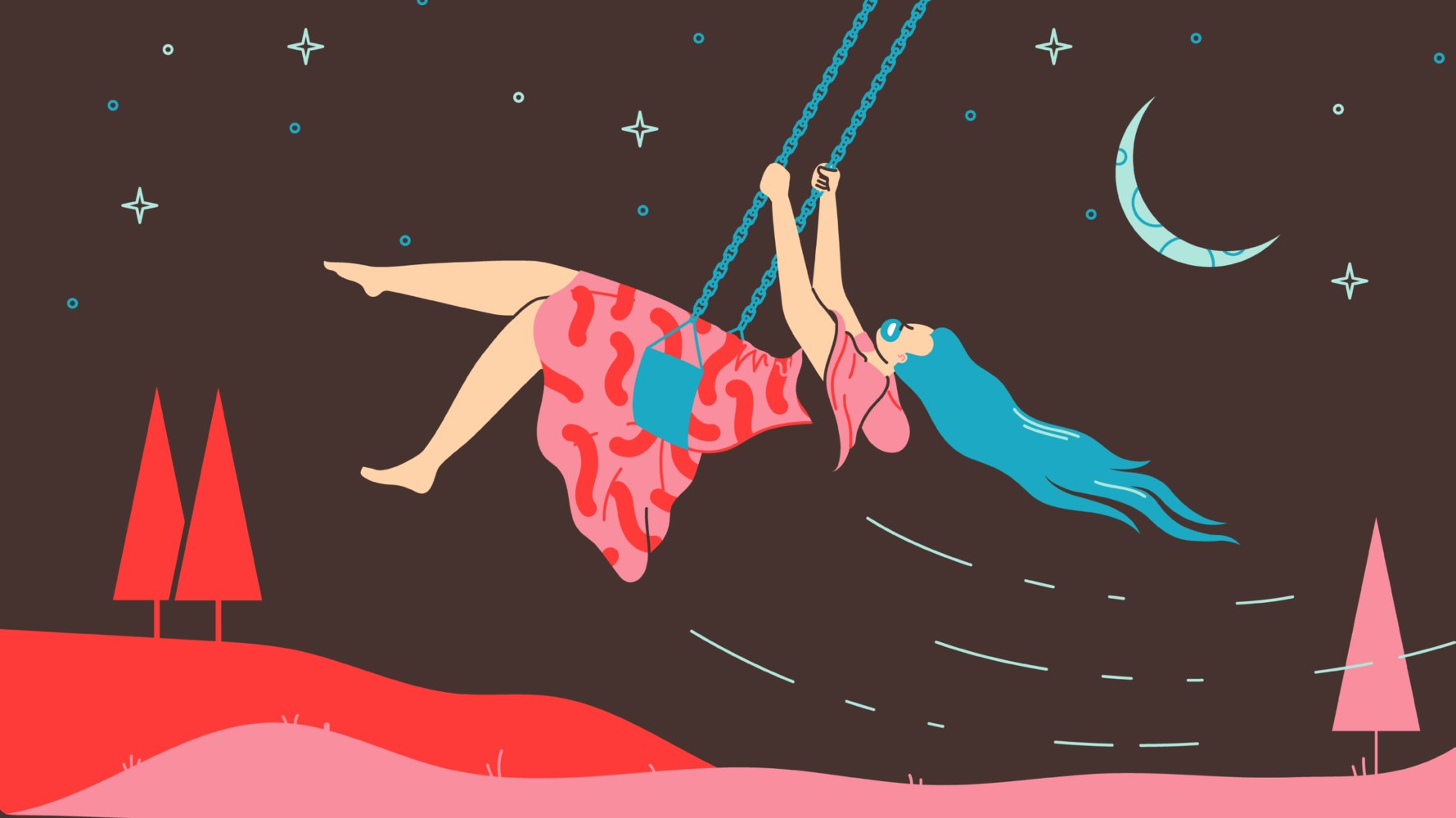 Woman playing on a swing under a night sky