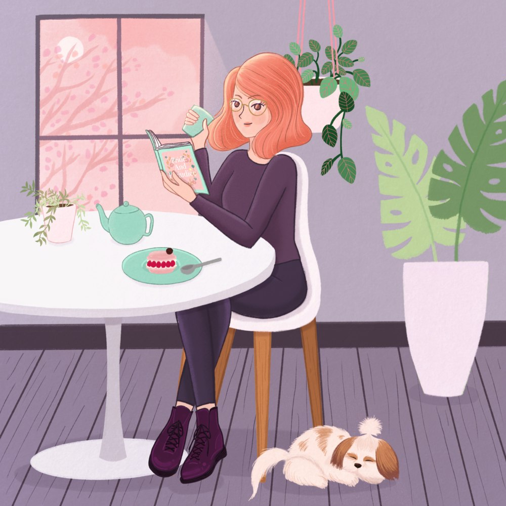 Woman reading a book at home while drinking tea and eating cake, with her dog beside her.