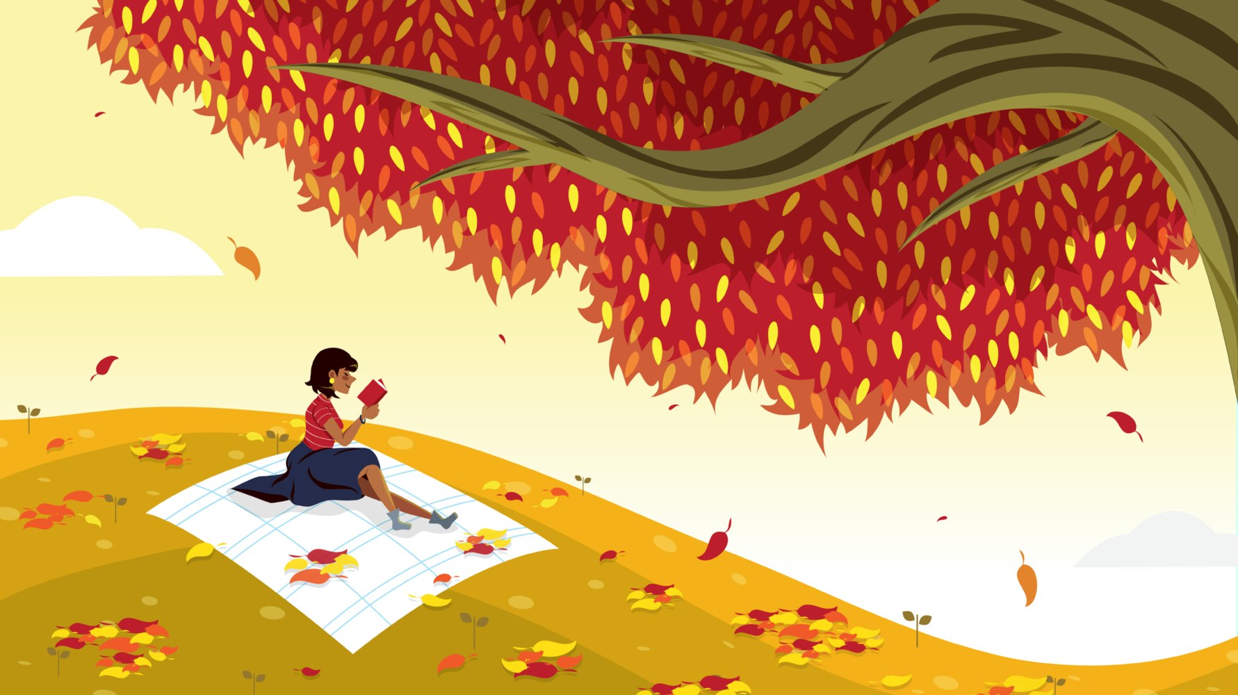 Woman reading a book next to an autumnal tree with falling leaves