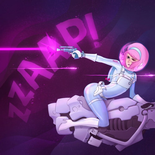 Woman riding a robot while shooting a space gun