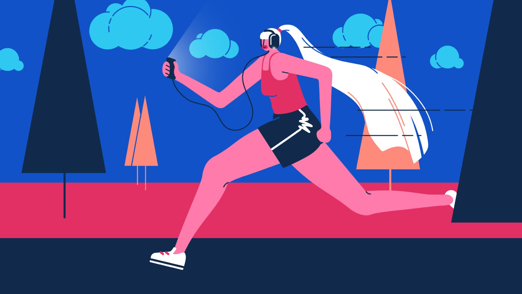 Woman running while wearing headphones and holding a mobile phone