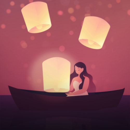 Woman sitting in a rowboat surrounded by lanterns floating in the air