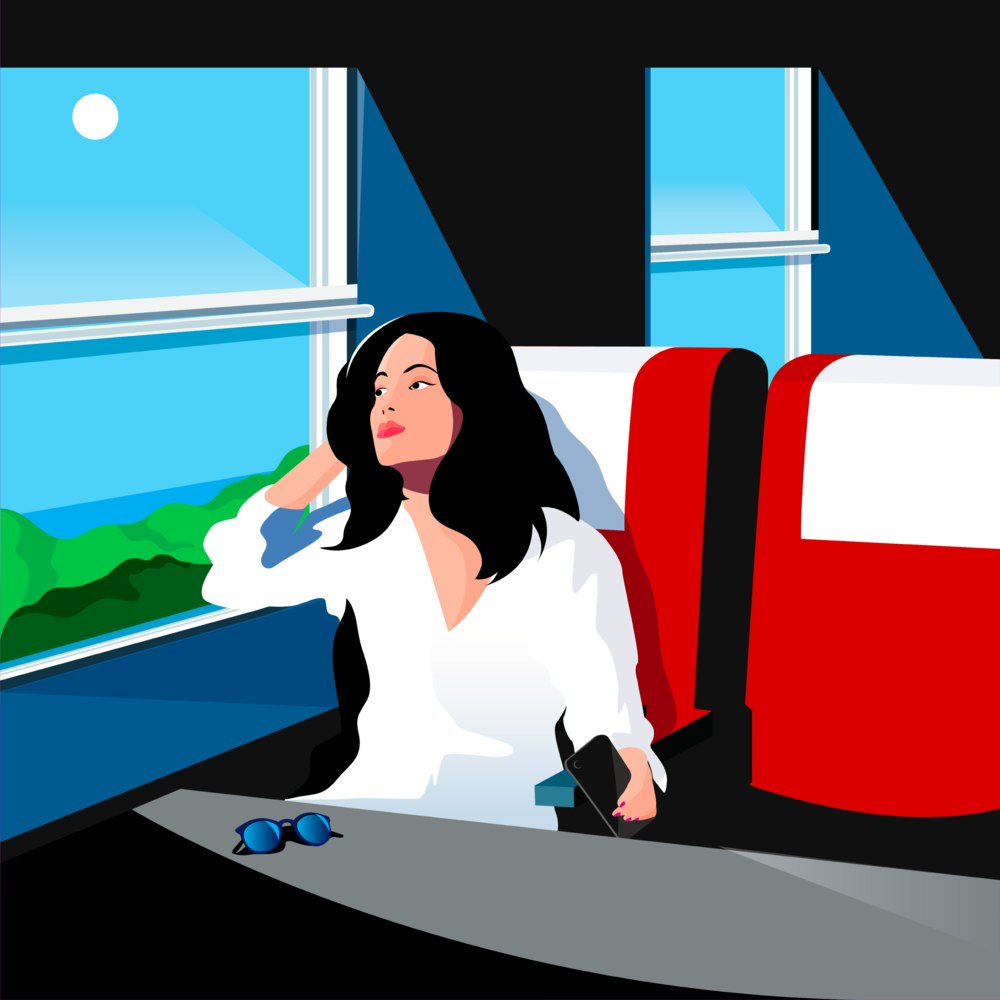 Woman staring out the window of a moving train