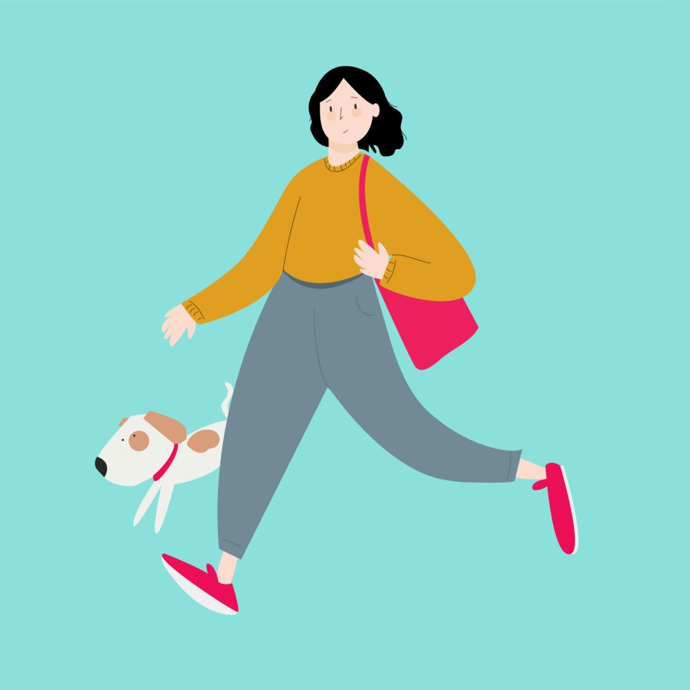 Woman with a handbag walking her small dog