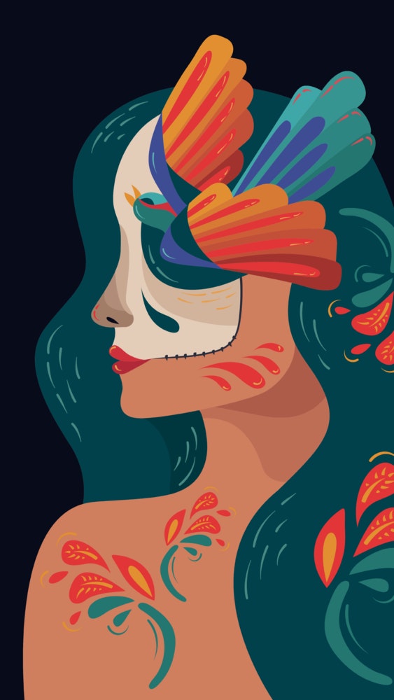 Woman with her face and body brightly decorated for Día de Muertos