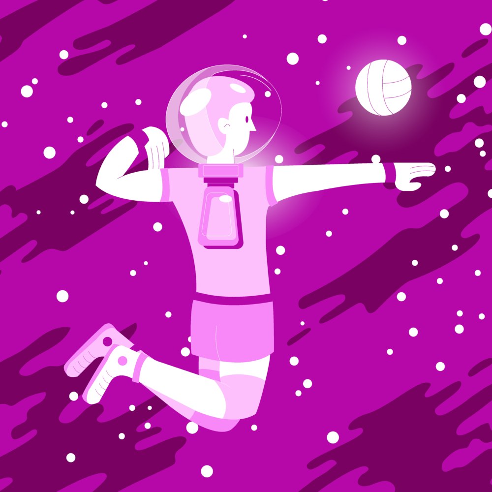 Young person in a helmet, floating in pink space