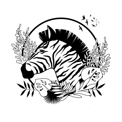Zebra surrounded by plants and trees