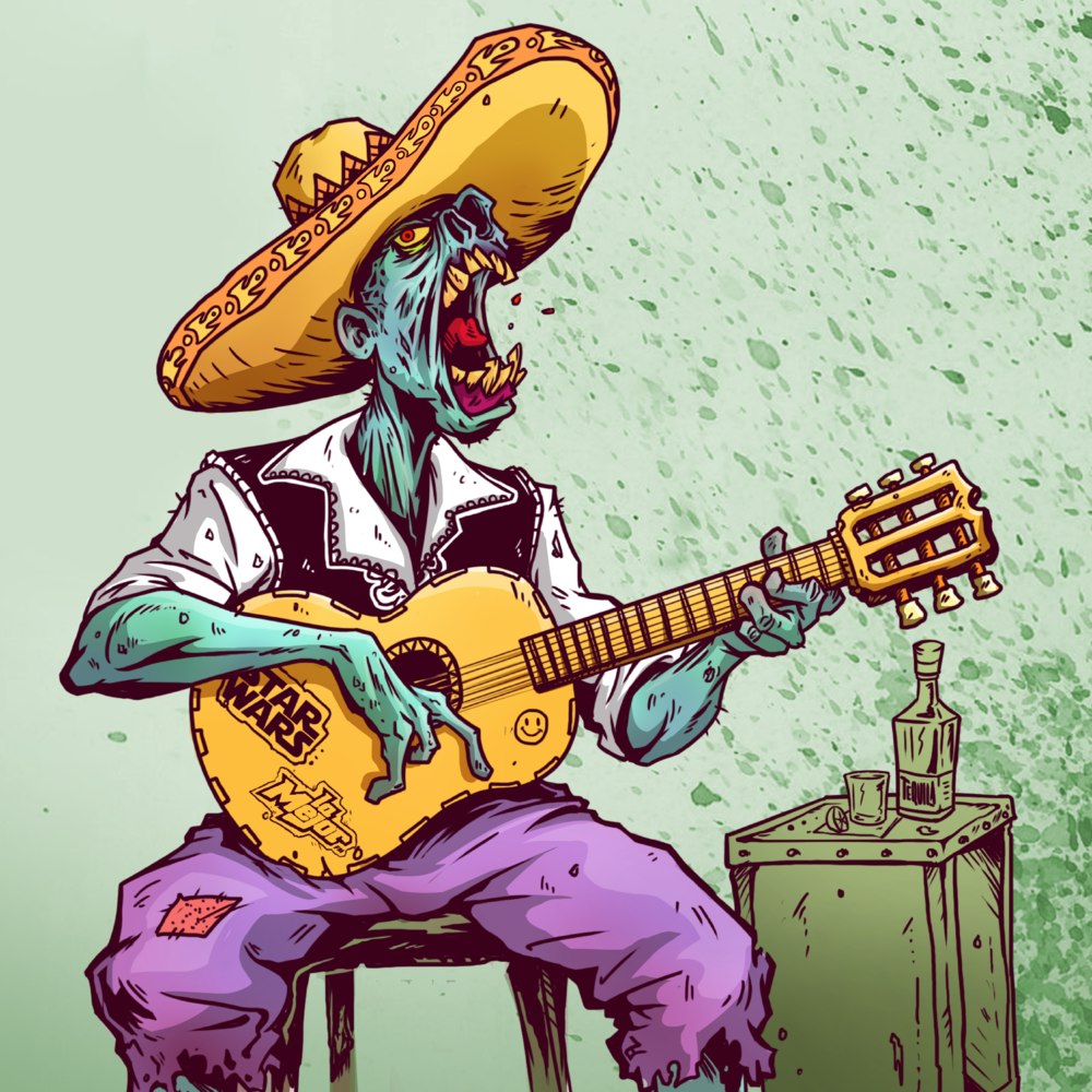 Zombie in a sombrero, playing the guitar