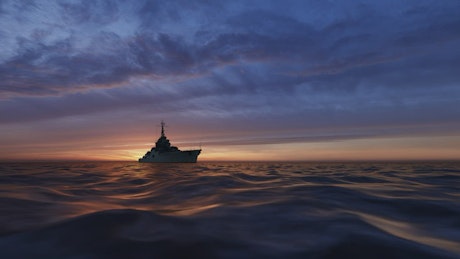 3D fishing boat sailing in the sea at sunset.
