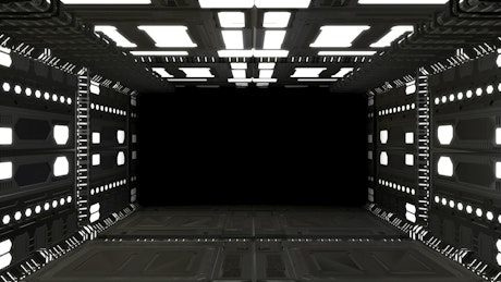 3D rectangular hallway of metal walls with lights