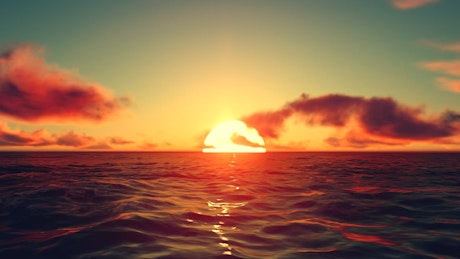 3D simulation of a red sunset at sea.