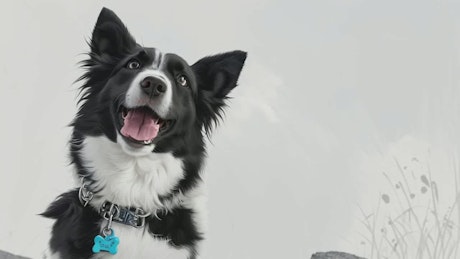 A border collie dog pants to the camera and then leaves over a blue sky backdrop.