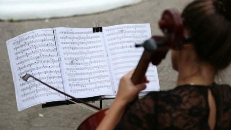 A cello player performing outside.