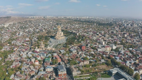 A city with a church in the center