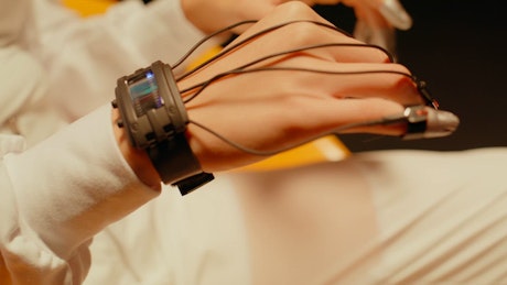 A futuristic electronic controller device on the hand makes subtle hand gestures in the air.