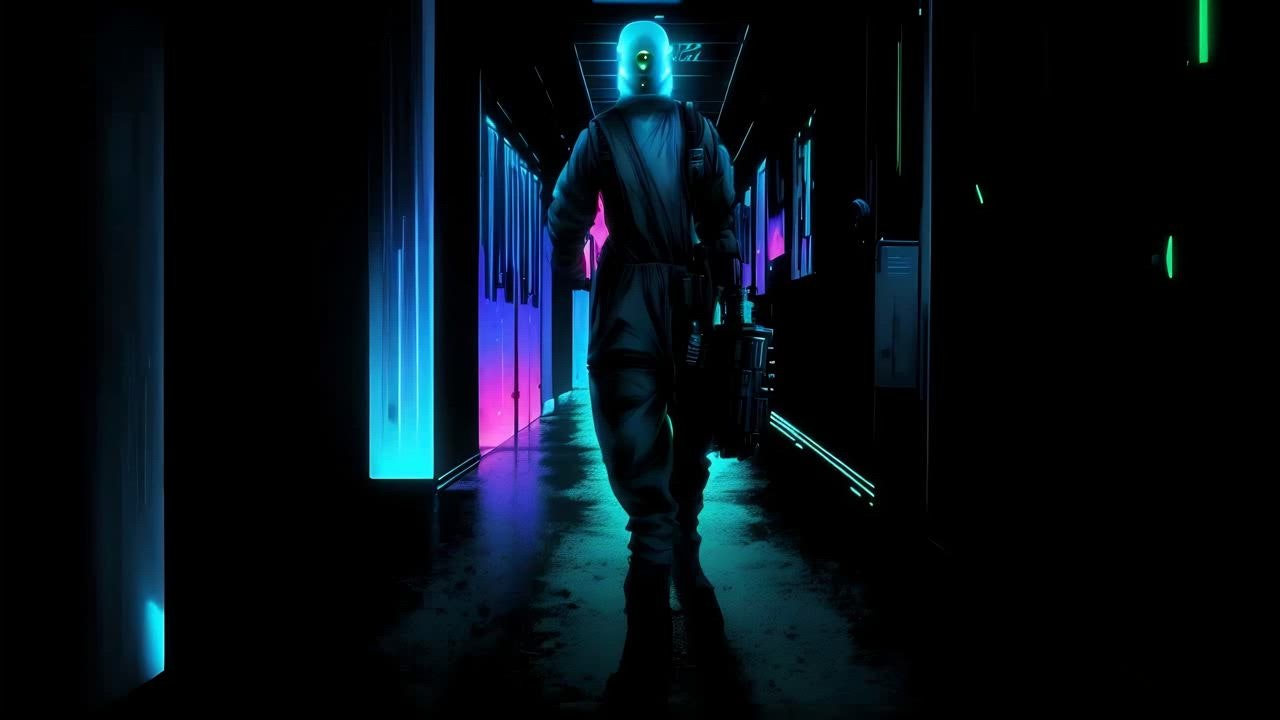 Sosok humanoid yang membawa koper berjalan melewati lorong menuju slot 888 dengan cahaya biru kehija