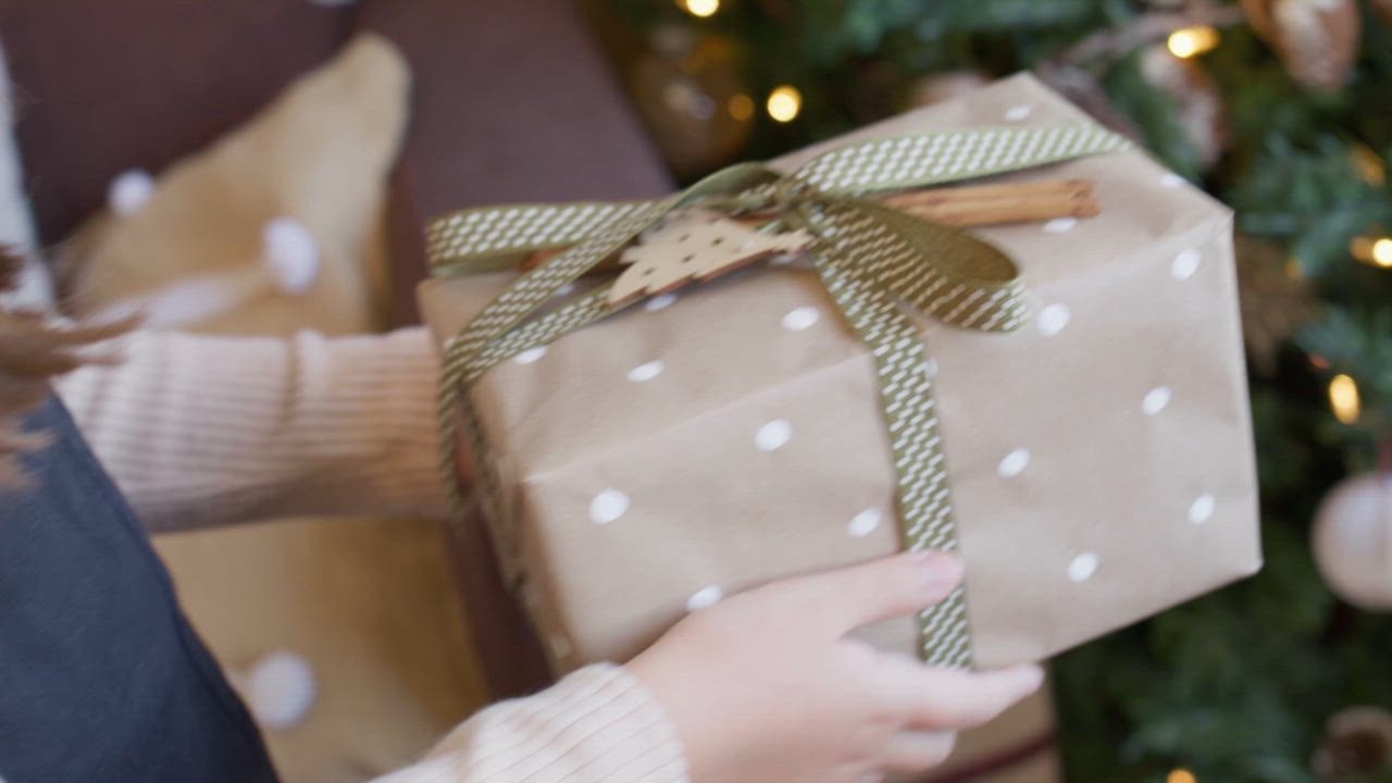A little girl delivers a beautifully wrapped gift t LIVE DRAW o the base of the christmas tree