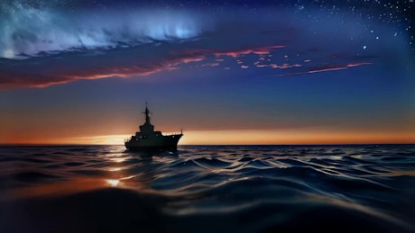 A mesmerizing vessel sailing in the sea under a morphing sky at night.