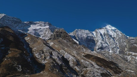 A panning shot of the Himalayas mountain range.