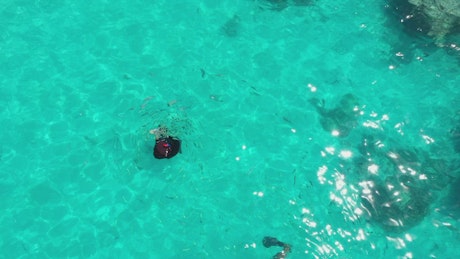 A person snorkeling in a turquoise water with reef.