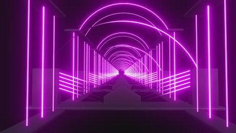 A tunnel with arches made of violet light lines