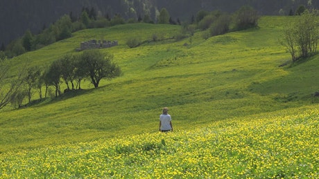 A Woman walking through a green valley.