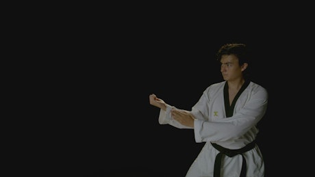 A young man practicing his karate punching skills.