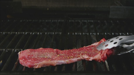 Adding seasoned steaks to a grill
