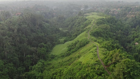 Aerial cinematic view of Indonesian jungle road.