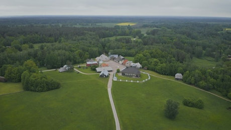 Aerial footage of historical Lithuanian village.