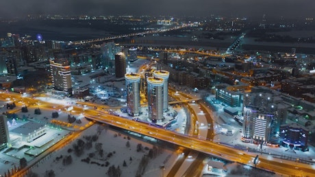 Aerial night timelapse of Russian city.