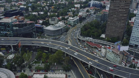 Aerial shot of a busy avenue in the city.