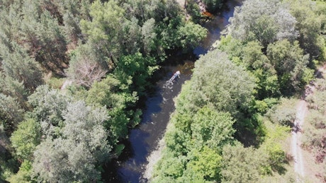 Aerial shot of a canoe ride on a river