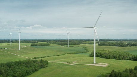 Aerial shot of a wind farm.