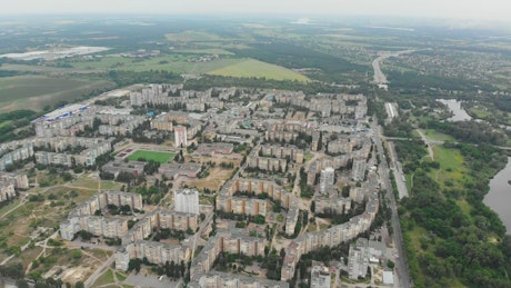 Aerial shot of buildings near a river