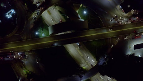 Aerial shot of traffic around a monument.