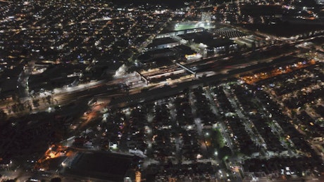 Aerial view of a busy city at night.