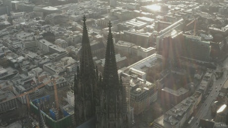 Aerial view of a European cathedral.