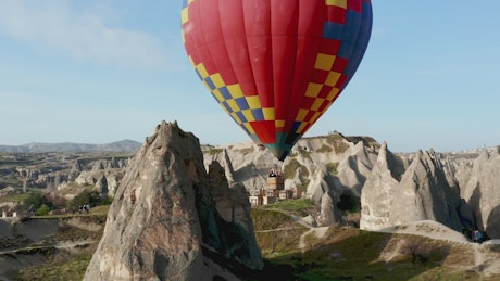 Aerial view of a hot air balloon flying