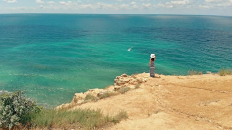 Aerial view of a woman looking out to sea from a cliff
