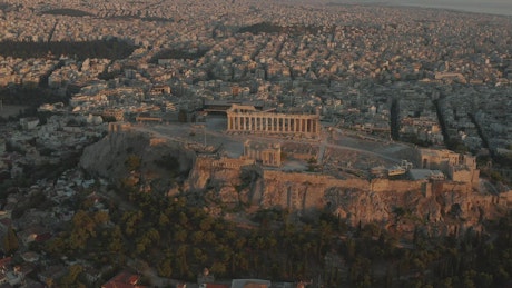 Aerial view of Acropolis in Athens during sunrise.
