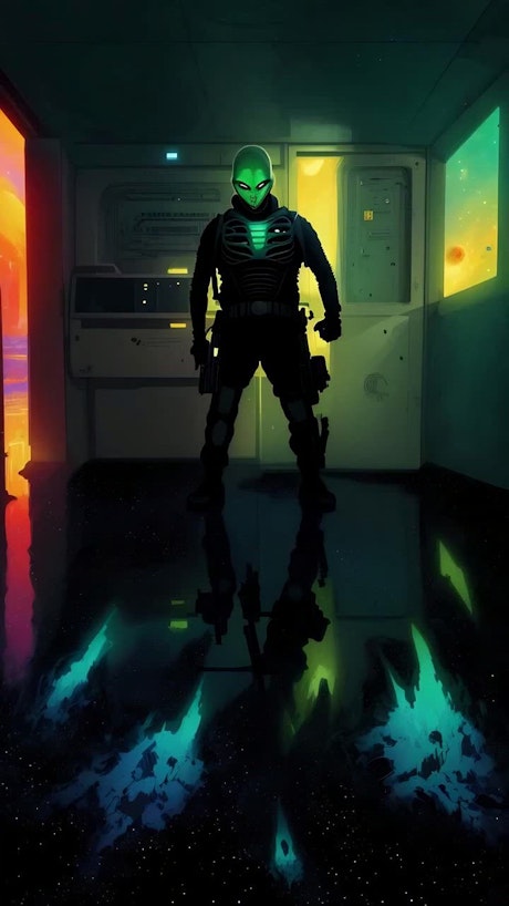 An alien police officer takes out his gun in an interestellar space hallway.