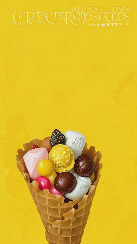 An ice cream cone explodes into a variety of sweets over a vibrant yellow background.