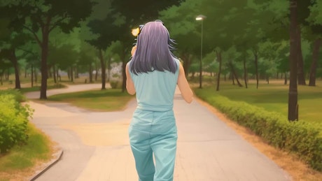 An illustrated character wearing a blue jumper suite is walking youthfully through the park.