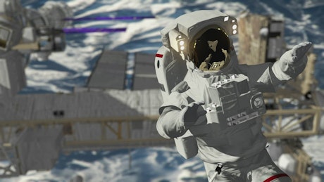宇航员在太空中向后漂浮，在宇宙飞船前挥手