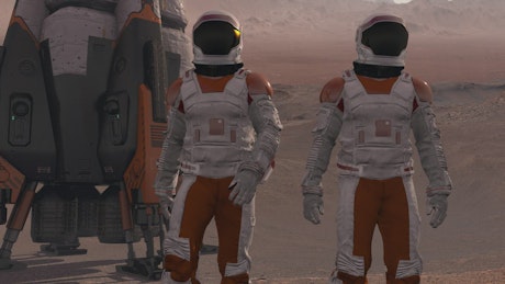 Astronauts wearing space suits walking across the surface of Mars.